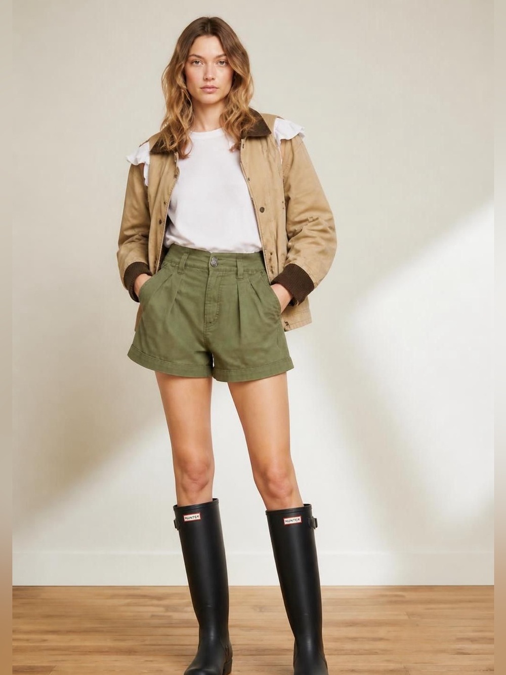Veronica‎ Beard NEW Jaylen Denim Shorts High Rise Pleated Clover Green Size 23.